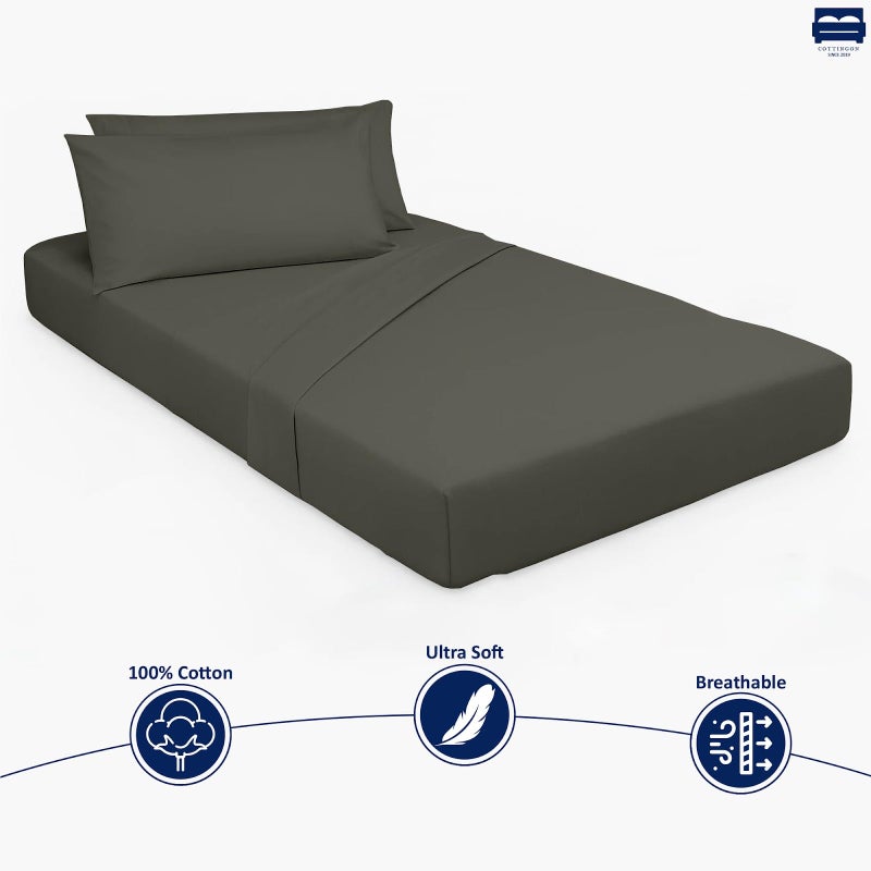 Cottingon 33"x75" Cot Sheet and Pillow Case 4 Piece Set, 100% Egyptain Cotton Soft Bedding Perfect for Rollaway, Folding, Guest Bed Frame, Fits Upto 7" Deep Mattress, Dark Grey Solid - Image 3